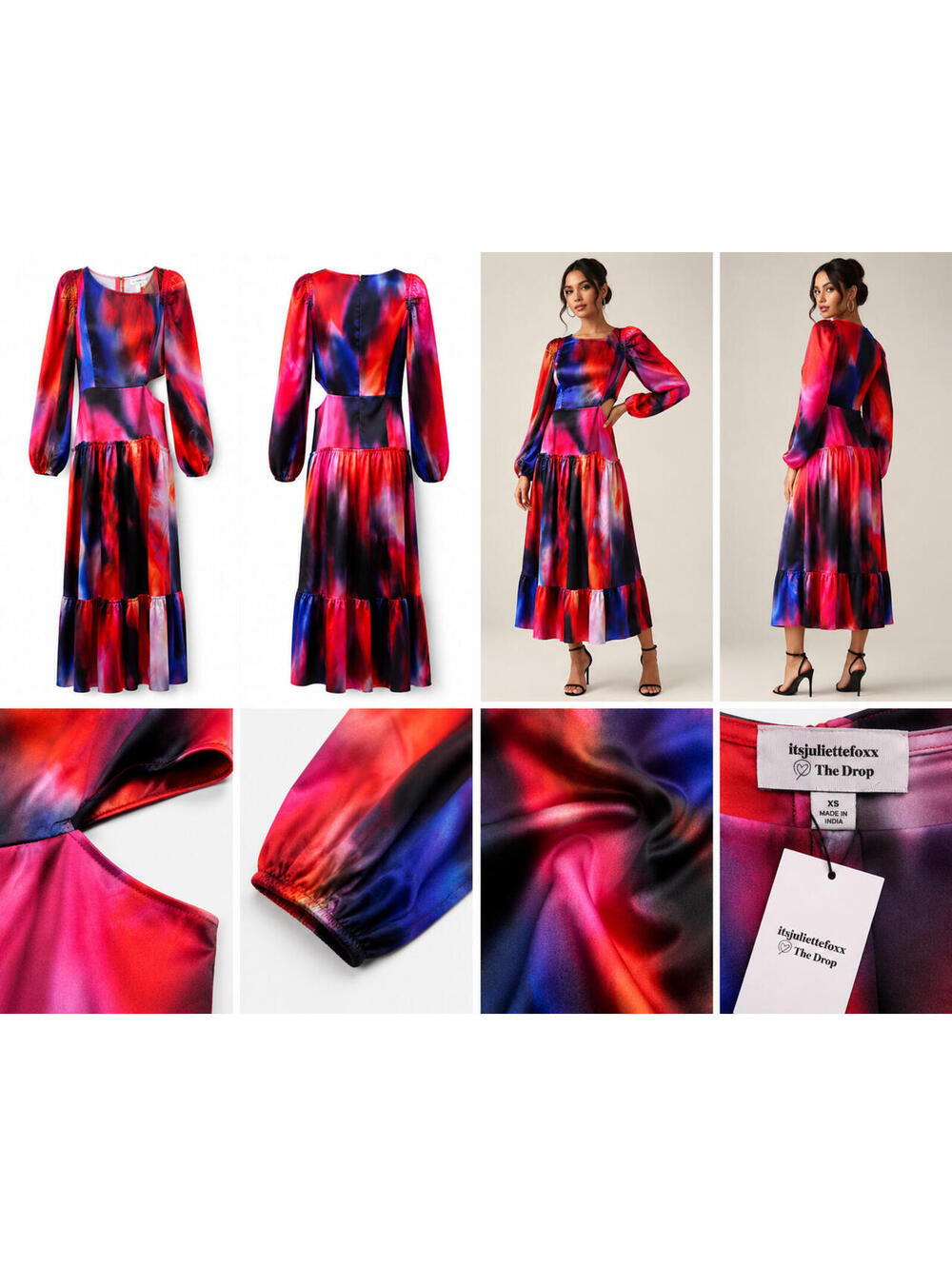 The Drop x itsjuliettefoxx Cutout Satin Midi Dress XS Multicolor Statement Long